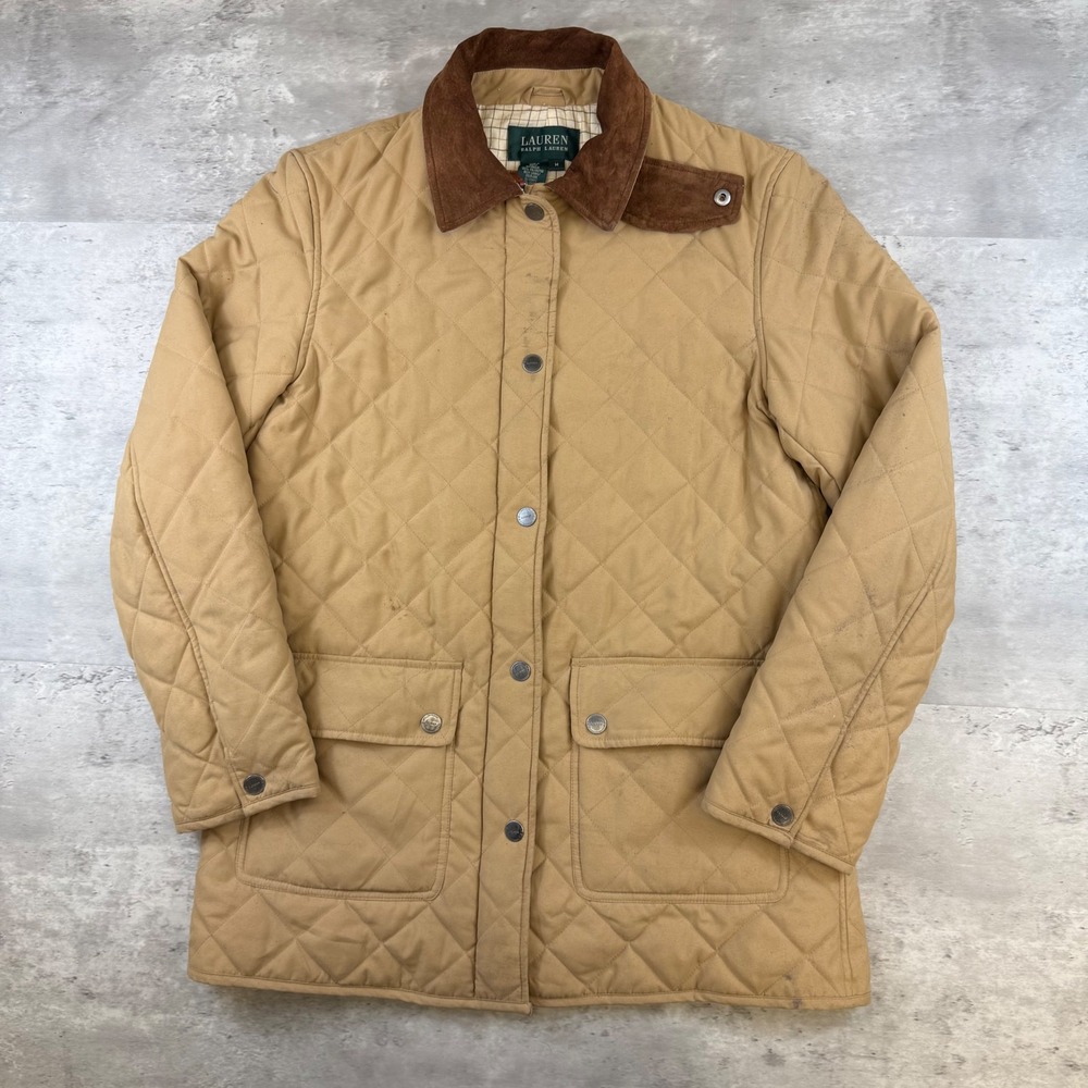 Lauren Ralph Lauren Womens Tan Quilted Field Jacket Suede Collar Brown Medium
